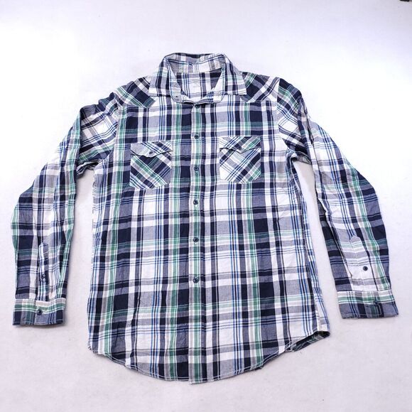 Mossimo Madras Flannel Casual Button Up Shirt Mens Size Medium M Green Blue - Picture 2 of 10